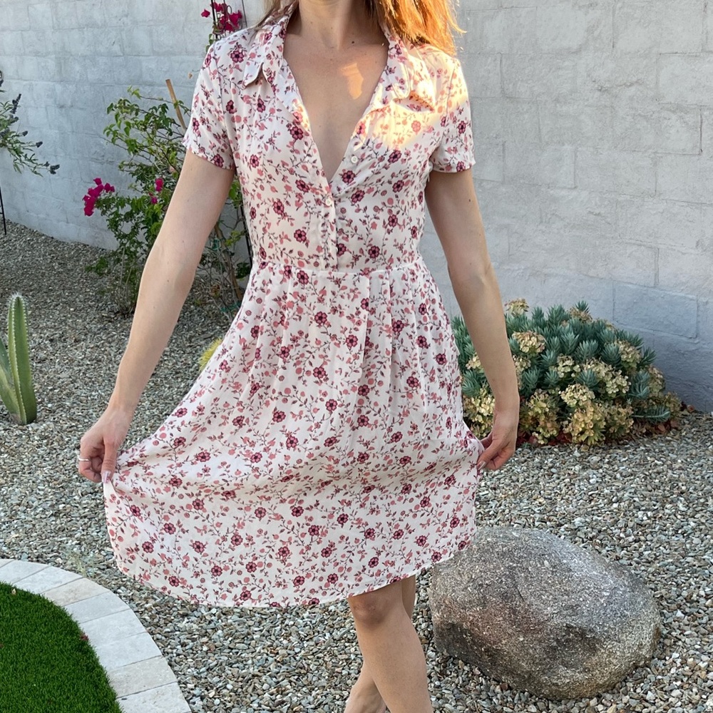 WAYF cream and pink floral shirt sleeve dress with button front sun dress - Picture 8 of 16